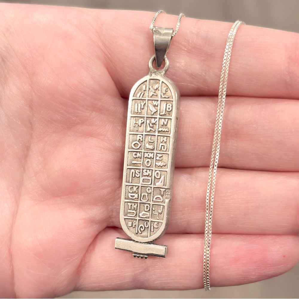Vintage Sterling 14K Egyptian Cartouche Necklace Double Sided Hieroglyphics - Picture 14 of 16
